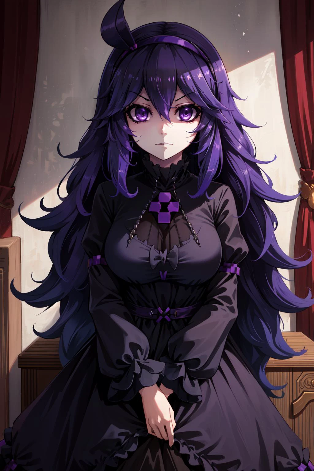 (masterpiece, best quality), intricate details,
1girl, <lora:hex maniac-lora-nochekaiser:0.8> (hex maniac:1.5), hairband, messy hair, (purple eyes:1.1), purple hair, purple hairband, @ @,, black dress, dress, long dress, long sleeves, juliet sleeves,
indoors, dark room, gloomy,