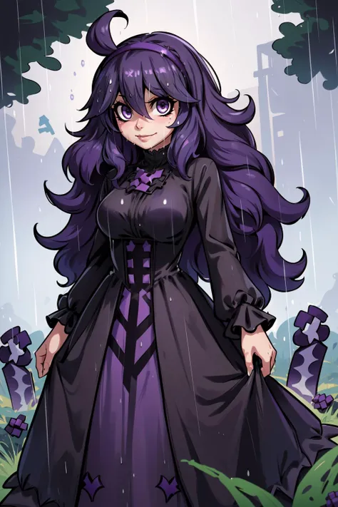 (masterpiece, best quality), intricate details,
1girl, <lora:hex maniac-lora-nochekaiser:0.8> (hex maniac:1.5), hairband, messy hair, (purple eyes:1.1), purple hair, purple hairband, @ @,, black dress, dress, long dress, long sleeves, juliet sleeves,
outdoors, rain, graveyard, wet clothes, wet hair,