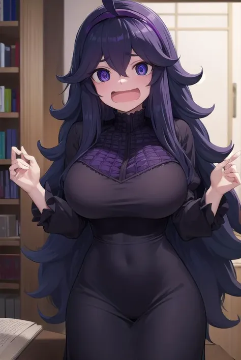 hexmaniac, <lora:hex maniac-lora-nochekaiser:1>,
(hex maniac:1.5), hairband, messy hair, (purple eyes:1.1), purple hair, purple hairband, @ @, <lora:wavymouth_type1_v100:1>, open mouth,
BREAK black dress, dress, long dress, long sleeves, juliet sleeves,
BREAK looking at viewer, upper body, full body, (cowboy shot:1.5),
BREAK indoors, library,
BREAK <lyco:GoodHands-beta2:1>, (masterpiece:1.2), best quality, high resolution, unity 8k wallpaper, (illustration:0.8), (beautiful detailed eyes:1.6), extremely detailed face, perfect lighting, extremely detailed CG, (perfect hands, perfect anatomy),