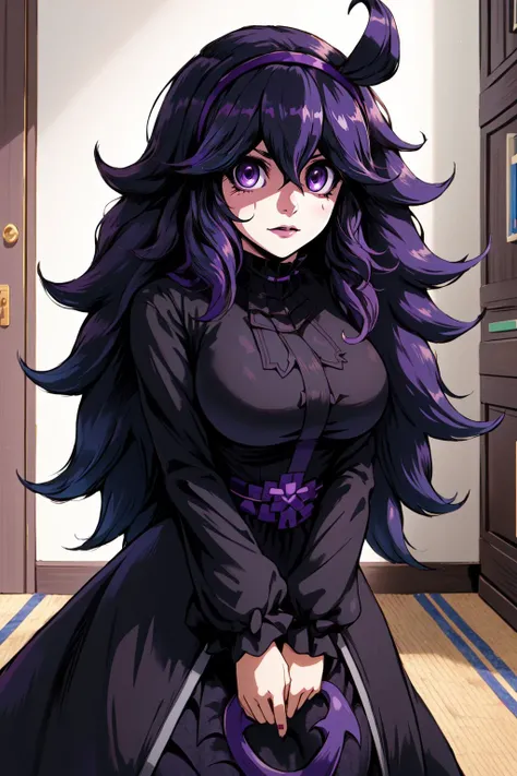 Hex Maniac \(Pokemon\), Hex Maniac from Pokémon, dark purple forest with dark purple grassy meadow background, Pokémon anime style, Pokémon art style, sitting on overgrown stone wall, big breasts, big ass, wide hips, eyes in shade, sharp stare at viewer, intense grin, (((waist long dark purple turtleneck sweater with long sleeves, dark purple stockings))),