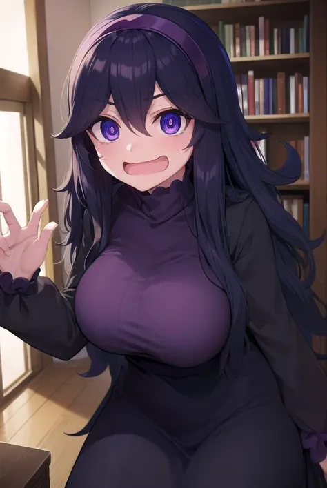 hexmaniac, <lora:hex maniac-lora-nochekaiser:1>,
(hex maniac:1.5), hairband, messy hair, (purple eyes:1.1), purple hair, purple hairband, @ @, <lora:wavymouth_type1_v100:1>, open mouth,
BREAK black dress, dress, long dress, long sleeves, juliet sleeves,
BREAK looking at viewer, upper body, full body, (cowboy shot:1.5),
BREAK indoors, library,
BREAK <lyco:GoodHands-beta2:1>, (masterpiece:1.2), best quality, high resolution, unity 8k wallpaper, (illustration:0.8), (beautiful detailed eyes:1.6), extremely detailed face, perfect lighting, extremely detailed CG, (perfect hands, perfect anatomy),