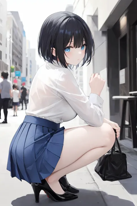 a woman is squatting on a city sidewalk in a white shirt blue skirts, 1girl, solo, skirt, black hair, high heels, shirt, blurry background, blurry, short hair