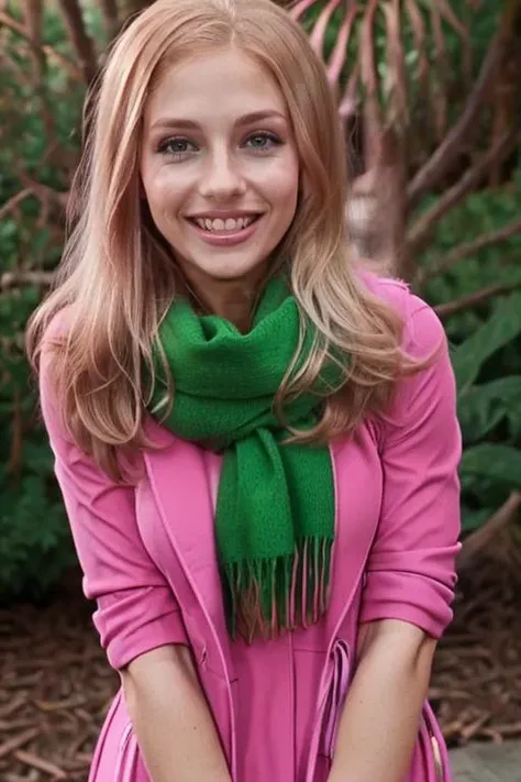 <lora:DPH:1.1> woman, face, blonde hair, straight hair, long hair, big smile, (green scarf), pink dress, warm jacket, sunglasses