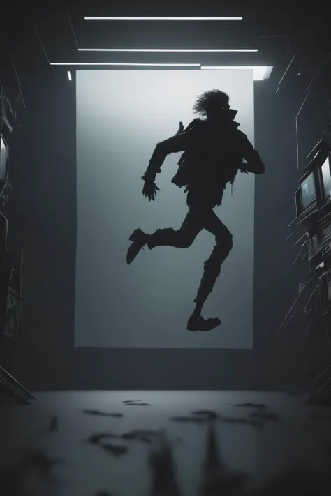<lora:Alternate Realities:1>Alternate Realities - a man running in a dark room with a large screen in the background