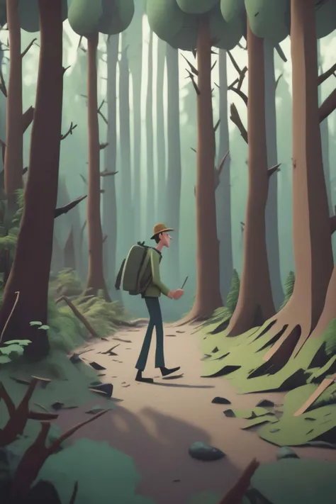<lora:Alternate Realities:1>Alternate Realities - a cartoon scene of a man walking through a forest