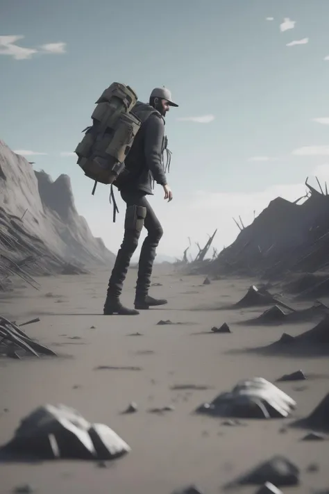 <lora:Alternate Realities:1>Alternate Realities - a man with a backpack is walking through a barren area