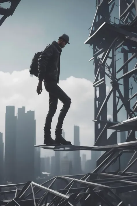 <lora:Alternate Realities:1>Alternate Realities - a man standing on top of a metal structure in a city