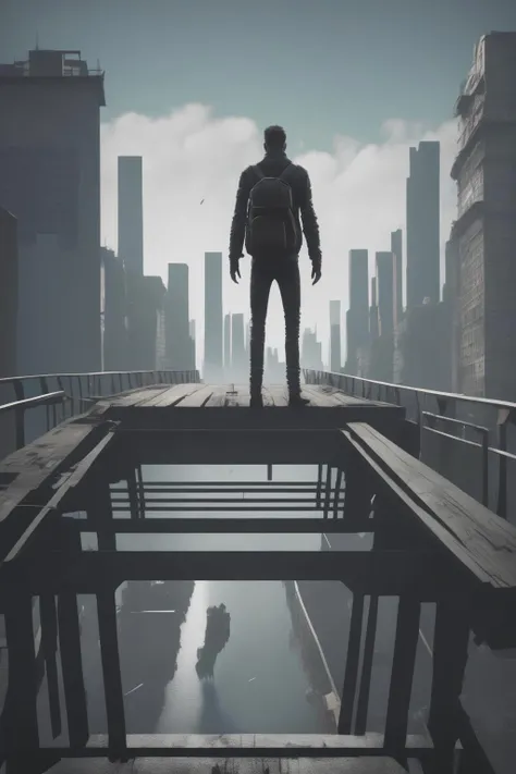 <lora:Alternate Realities:1>Alternate Realities - a man standing on a bridge in a city