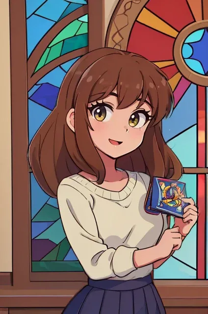 (cartoon illustration:1.3), simplified forms, vibrant colors, 2d cartoon style, portrait photo of female Chaya in casual clothes, face, 8k uhd, high quality, film grain, Fujifilm XT3, ebony skin, upper body view, cable knit sweater, pleated skirt, and loafers, majestic cathedral with stained glass windows, (masterpiece, best quality, absurdres, detailed, ultra-detailed:1.3), (high details, 8k:1.3)
