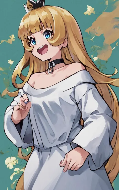 1girl <lora:gomon_hime:0.6> gomon-hime, princess, silver mini crown, flipped hair blonde hair long hair short sidelock shiny hair blunt bangs, blue eyes eyelashes thick eyebrows, toenails, white shirt off shoulder long sleeves oversized shirt long shirt wide sleeves, black collar, happy
