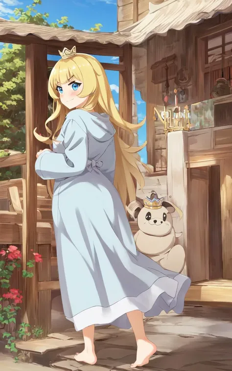 1girl <lora:gomon_hime:0.6> gomon-hime, princess, silver mini crown, flipped hair blonde hair long hair short sidelock shiny hair blunt bangs, blue eyes eyelashes thick eyebrows, toenails, embarrassed nose blush smile, on back, Establishing Shot, looking back, yellow Loungewear