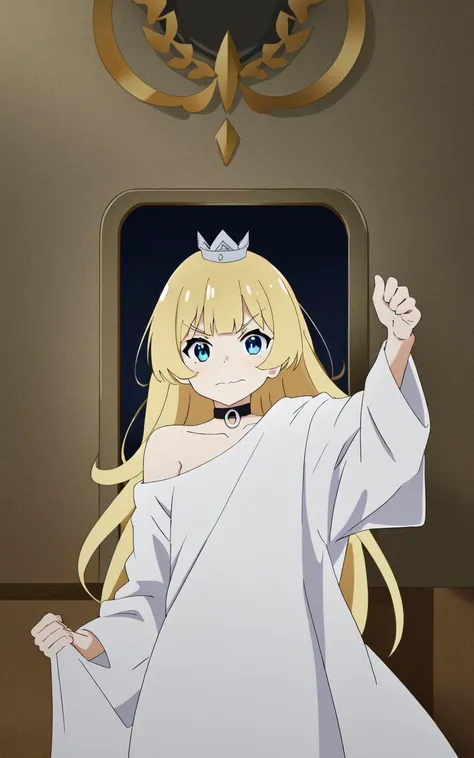1girl <lora:gomon_hime:0.6> gomon-hime, princess, silver mini crown, flipped hair blonde hair long hair short sidelock shiny hair blunt bangs, blue eyes eyelashes thick eyebrows, toenails, white shirt off shoulder long sleeves oversized shirt long shirt wide sleeves, black collar,  wavy mouth, +++ extremely quality, high detailed, anime coloring illustration game cg contrapposto <lora:_flat2:0.3:lbw=ALL> ++ Faint lips,UC:realistic cute anime face cinematic angle human at the front single focus dynamic pose