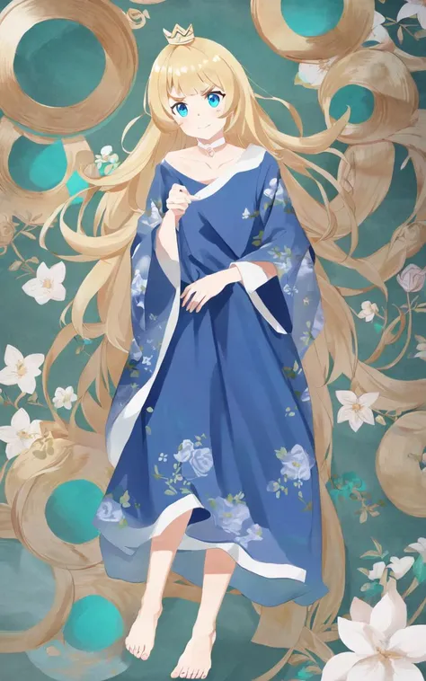 1girl <lora:gomon_hime:0.6> gomon-hime, princess, silver mini crown, flipped hair blonde hair long hair short sidelock shiny hair blunt bangs, blue eyes eyelashes thick eyebrows, toenails, Delighted, reaching out, fullbody, looking afar, turquoise flower pattern pajamas