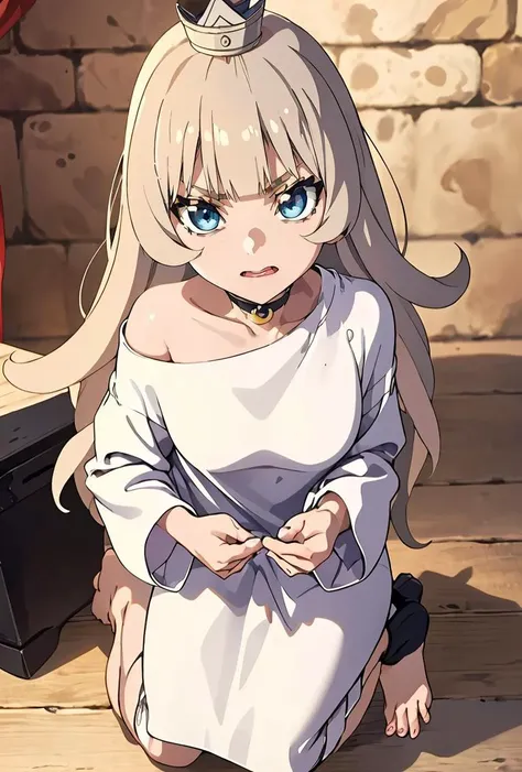 (masterpiece, best quality), 1girl,  <lora:sdxl-gomon-hime:0.8> gomon-hime, princess, silver mini crown, flipped hair blonde hair long hair short sidelock shiny hair blunt bangs, blue eyes eyelashes thick eyebrows, toenails, white shirt off shoulder long sleeves oversized shirt long shirt wide sleeves, black collar