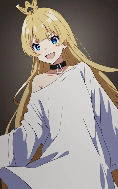 1girl <lora:gomon_hime:0.6> gomon-hime, princess, silver mini crown, flipped hair blonde hair long hair short sidelock shiny hair blunt bangs, blue eyes eyelashes thick eyebrows, toenails, white shirt off shoulder long sleeves oversized shirt long shirt wide sleeves, black collar, :D, +++ extremely quality extremely detailed deep-silky-healthy-lackwarm-foundational-soft-skin, illustration high resolution, contrapposto glow shine like opal, <lora:_flat2:-0.4:lbw=ALL> <lora:_hipoly3DModelLora_v20:0.3:lbw=NF> hiqcgbody ++ Faint lips,UC:realistic cute anime face cinematic angle human at the front dynamic pose