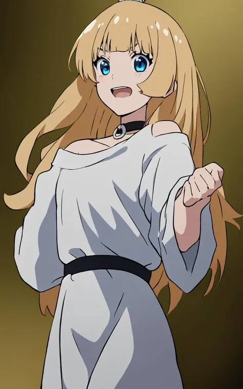 1girl <lora:gomon_hime:0.6> gomon-hime, princess, silver mini crown, flipped hair blonde hair long hair short sidelock shiny hair blunt bangs, blue eyes eyelashes thick eyebrows, toenails, white shirt off shoulder long sleeves oversized shirt long shirt wide sleeves, black collar, Joyful, masterpiece 8k_wallpaper