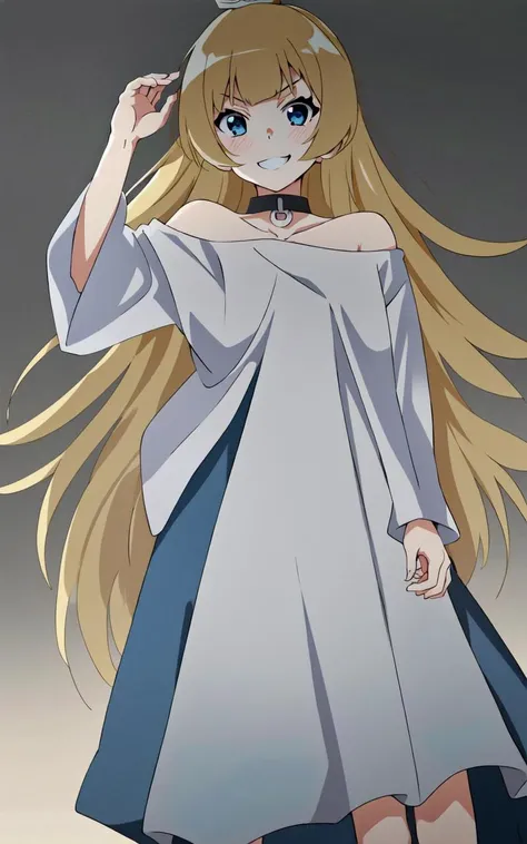 1girl <lora:gomon_hime:0.6> gomon-hime, princess, silver mini crown, flipped hair blonde hair long hair short sidelock shiny hair blunt bangs, blue eyes eyelashes thick eyebrows, toenails, white shirt off shoulder long sleeves oversized shirt long shirt wide sleeves, black collar,  smile fang, +++ extremely quality, high detailed, anime coloring illustration game cg contrapposto <lora:_flat2:0.3:lbw=ALL> ++ Faint lips,UC:realistic cute anime face cinematic angle human at the front single focus dynamic pose
