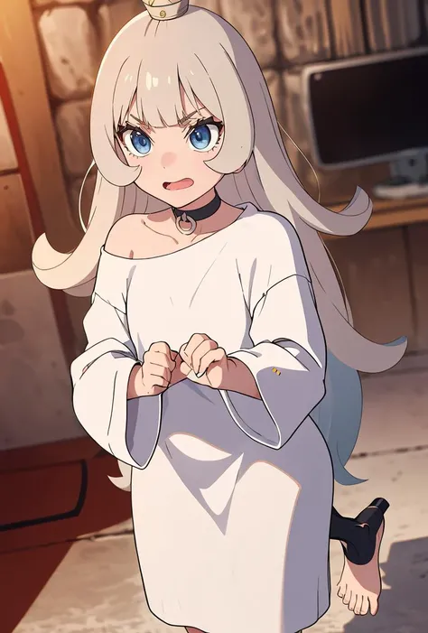 (masterpiece, best quality), 1girl, <lora:sdxl-gomon-hime:0.8> gomon-hime, princess, silver mini crown, flipped hair blonde hair long hair short sidelock shiny hair blunt bangs, blue eyes eyelashes thick eyebrows, toenails, white shirt off shoulder long sleeves oversized shirt long shirt wide sleeves, black collar