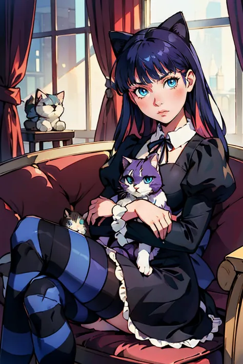 stocking, blue eyes, multicolored hair, purple hair, black dress, stripped legwear, looking at viewer,serious, sitting, on sofa, holding cat, inside cozy living room, soft lighting, high quality, masterpiece, <lora:StockingAnarchy_Mix:.8>