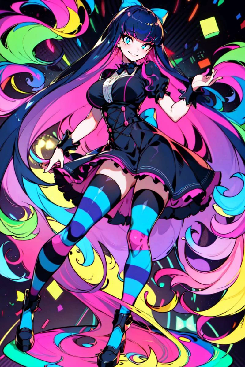 ((best quality)), ((highly detailed)), masterpiece, absurdres, (detailed eyes, deep eyes), (1girl), dynamic pose, full body, <lora:StockingAnarchy:.6>, stocking_anarchy, stocking_\(psg\), blue eyes, large breasts, blunt bangs, (multicolored hair, colored inner hair, purple hair, pink hair), bow, ta_fashion, black dress, striped, striped legwear, stockings, <lora:GlowingNightmare:.8>, GlowingNightmare, smile, neon colors, glowing