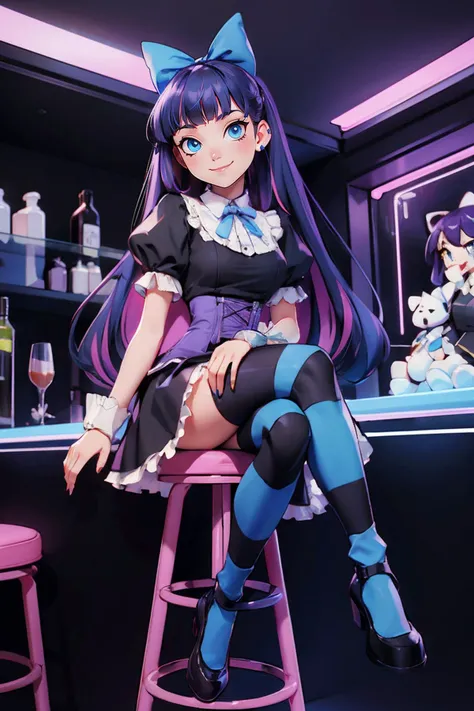 stocking, blue eyes, multicolored hair, purple hair, black dress, stripped legwear, looking at viewer,seductive smile, sitting, on stool, legs crossed, inside night club, counter, neon lighting, high quality, masterpiece, <lora:StockingAnarchy_Mix:.8>
