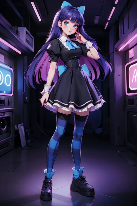 stocking, blue eyes, multicolored hair, purple hair, black dress, striped legwear, shoes, looking at viewer,smiling, full body shot, standing, inside night club, crowd, neon lighting, high quality, masterpiece, <lora:StockingAnarchy_Mix:.8>