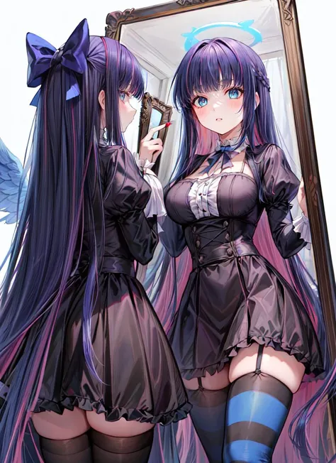 ((best quality)), ((highly detailed)), masterpiece, absurdres, (detailed eyes, deep eyes), <lora:more_details:.3>, (1girl), <lora:pose mirror:1>, mirror, reflection, 2girls, <lora:hairdetailer:.7>, |}<lora:StockingAnarchy:.6>, stocking_anarchy, stocking_\(psg\), blue eyes, large breasts, blunt bangs, (multicolored hair, colored inner hair, purple hair, pink hair), bow, angel, angel wings, detatched wings, halo, ta_fashion, black dress, striped, striped legwear, stockings, (on a flying island, midday)