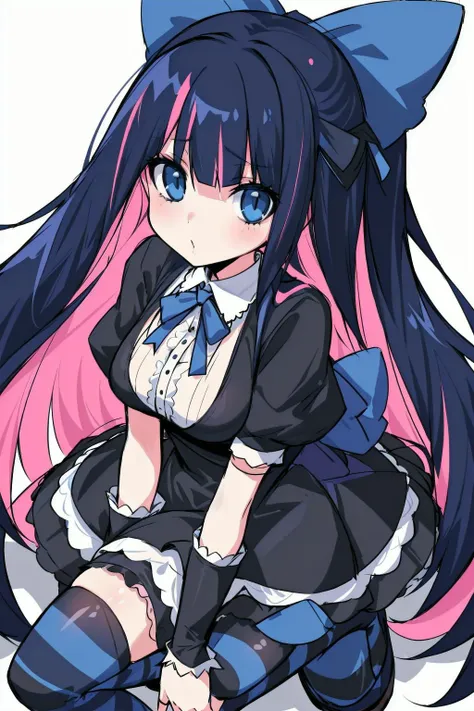 1girl, solo, stocking_anarchy, stocking_\(psg\), black_dress, lolita_fashion, striped, striped_legwear, <lora:Karakter - Stocking Anarchy:0.8>