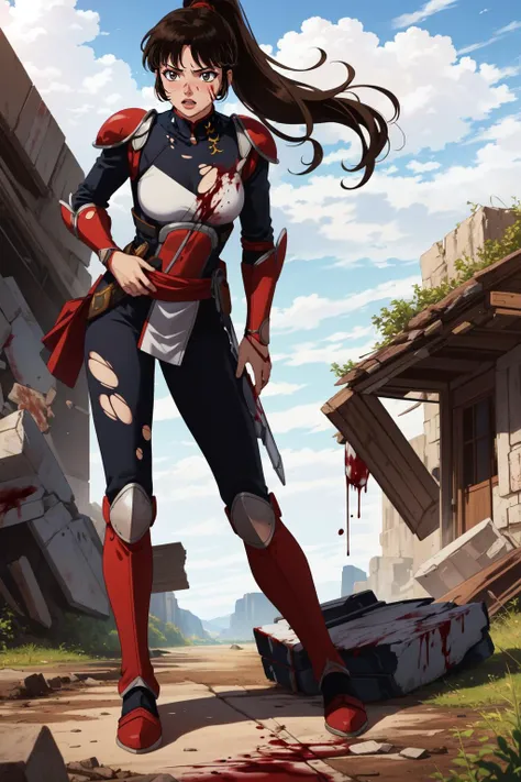 (masterpiece, best quality), intricate details,
1girl, <lora:Kizuki - Inuyasha - Sango:0.8> sango, brown hair, brown eyes, high ponytail, long hair, medium breasts, bodysuit, pauldrons, armor
outdoors, blood, battlefield, blood on face, torn clothes, injured, debris, sweating,