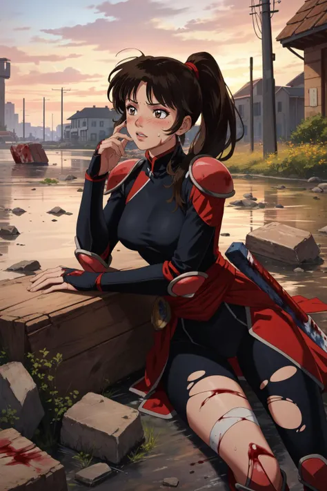 (masterpiece, best quality), intricate details,
1girl, <lora:Kizuki - Inuyasha - Sango:0.8> sango, brown hair, brown eyes, high ponytail, long hair, medium breasts, bodysuit, pauldrons, armor
outdoors, blood, battlefield, blood on face, torn clothes, injured, debris, sweating,