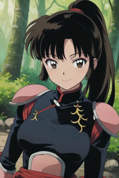 best quality, masterpiece, portrait,sango, KizukiAi, brown hair, brown eyes, high ponytail, long hair, medium breasts,  bodysuit, pauldrons, armor, (looking at viewer:1.3), outdoors, forest, smile
<lora:Kizuki - Inuyasha - Sango:0.9>