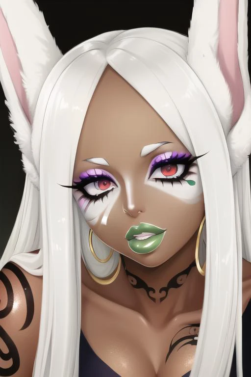 masterpiece, high res, 4k, best quality, beautiful face, detailed face, ultra-detailed, ((face shot)) 1girl, solo, long hair, black background, neon glow, emerald green gradient hair, purple highlights, hoop earrings, dark-skinned female, tattoo, colored skin, BREAK, (yamanba, white facepaint makeup:1.3), face stickers, large green lips, parted lips, eyeshadow, very dark skin, makeup,(metallic glitter) jewelry, white face tattoo, large intricate hair accessories, brown skin, <lora:MirkoMHA-v1-1:1> mirkomha, rabbit ears, red eyes, white hair, very long hair, fur collar, dark skin, dark-skinned female <lora:retromanba:.6> <lora:Kuroko:.25> <lora:fakelips_1:1> lip filler <lora:ColoredLipstick:.7> gold lips, <lora:Dmitrys:.5>