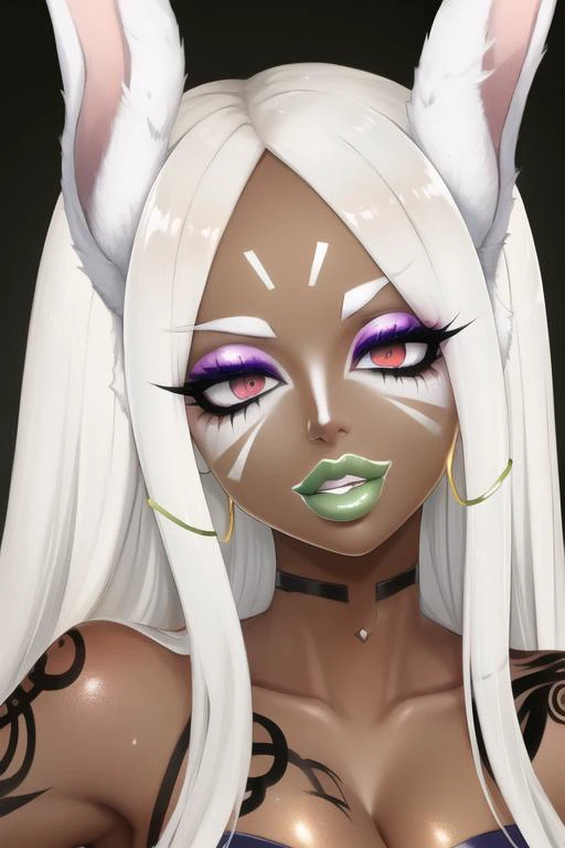 masterpiece, high res, 4k, best quality, beautiful face, detailed face, ultra-detailed, ((face shot)) 1girl, solo, long hair, black background, neon glow, emerald green gradient hair, purple highlights, hoop earrings, dark-skinned female, tattoo, colored skin, BREAK, (yamanba, white facepaint makeup:1.3), face stickers, large green lips, parted lips, eyeshadow, very dark skin, makeup,(metallic glitter) jewelry, white face tattoo, large intricate hair accessories, brown skin, <lora:MirkoMHA-v1-1:1> mirkomha, rabbit ears, red eyes, white hair, very long hair, fur collar, dark skin, dark-skinned female <lora:retromanba:.6> <lora:Kuroko:.25> <lora:fakelips_1:1> lip filler <lora:ColoredLipstick:.7> gold lips, <lora:Dmitrys:.5>