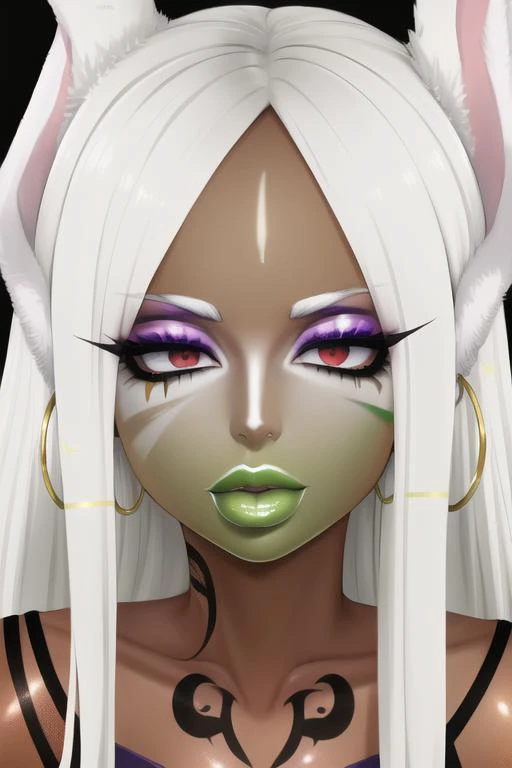 masterpiece, high res, 4k, best quality, beautiful face, detailed face, ultra-detailed, ((face shot)) 1girl, solo, long hair, black background, neon glow, emerald green gradient hair, purple highlights, hoop earrings, dark-skinned female, tattoo, colored skin, BREAK, (yamanba, white facepaint makeup:1.3), face stickers, large green lips, parted lips, eyeshadow, very dark skin, makeup,(metallic glitter) jewelry, white face tattoo, large intricate hair accessories, brown skin, <lora:MirkoMHA-v1-1:1> mirkomha, rabbit ears, red eyes, white hair, very long hair, fur collar, dark skin, dark-skinned female <lora:retromanba:.6> <lora:Kuroko:.25> <lora:fakelips_1:1> lip filler <lora:ColoredLipstick:.7> green lips, <lora:Dmitrys:.5>