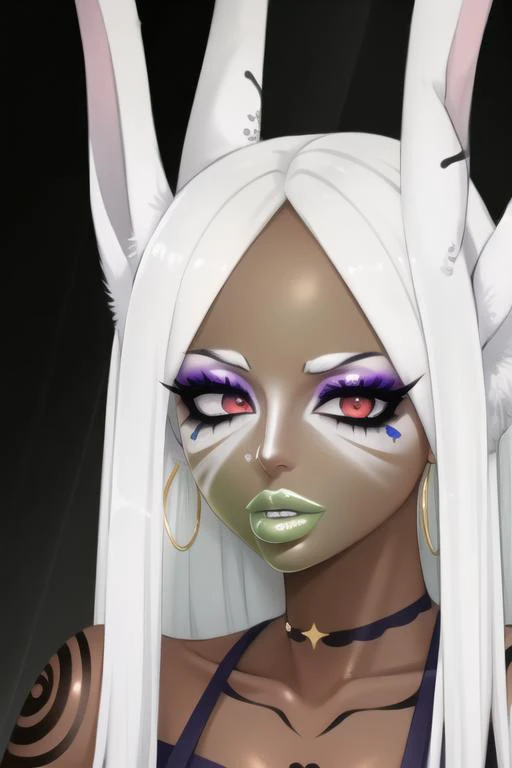 masterpiece, high res, 4k, best quality, beautiful face, detailed face, ultra-detailed, ((face shot)) 1girl, solo, long hair, black background, neon glow, emerald green gradient hair, purple highlights, hoop earrings, dark-skinned female, tattoo, colored skin, BREAK, (yamanba, white facepaint makeup:1.3), face stickers, large green lips, parted lips, eyeshadow, very dark skin, makeup,(metallic glitter) jewelry, white face tattoo, large intricate hair accessories, brown skin, <lora:MirkoMHA-v1-1:1> mirkomha, rabbit ears, red eyes, white hair, very long hair, fur collar, dark skin, dark-skinned female <lora:retromanba:.6> <lora:Kuroko:.25> <lora:fakelips_1:1> lip filler <lora:ColoredLipstick:1> green lips, <lora:Dmitrys:.5>