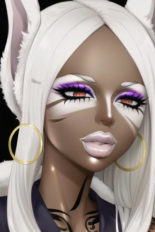 masterpiece, high res, 4k, best quality, beautiful face, detailed face, ultra-detailed, ((face shot)) 1girl, solo, long hair, black background, neon glow, emerald green gradient hair, purple highlights, hoop earrings, dark-skinned female, tattoo, colored skin, BREAK, (yamanba, white facepaint makeup:1.3), face stickers, large green lips, parted lips, eyeshadow, very dark skin, makeup,(metallic glitter) jewelry, white face tattoo, large intricate hair accessories, brown skin, <lora:MirkoMHA-v1-1:1> mirkomha, rabbit ears, red eyes, white hair, very long hair, fur collar, dark skin, dark-skinned female <lora:retromanba:.6> <lora:Kuroko:.25> <lora:fakelips_1:1> lip filler <lora:Dmitrys:1>