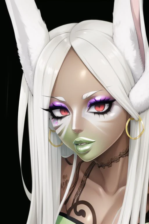 masterpiece, high res, 4k, best quality, beautiful face, detailed face, ultra-detailed, ((face shot)) 1girl, solo, long hair, black background, neon glow, emerald green gradient hair, purple highlights, hoop earrings, dark-skinned female, tattoo, colored skin, BREAK, (yamanba, white facepaint makeup:1.3), face stickers, large green lips, parted lips, eyeshadow, very dark skin, makeup,(metallic glitter) jewelry, white face tattoo, large intricate hair accessories, brown skin, <lora:MirkoMHA-v1-1:1> mirkomha, rabbit ears, red eyes, white hair, very long hair, fur collar, dark skin, dark-skinned female <lora:retromanba:.6> <lora:Kuroko:.25> <lora:fakelips_1:1> lip filler <lora:ColoredLipstick:1> green lips, <lora:Dmitrys:.5>