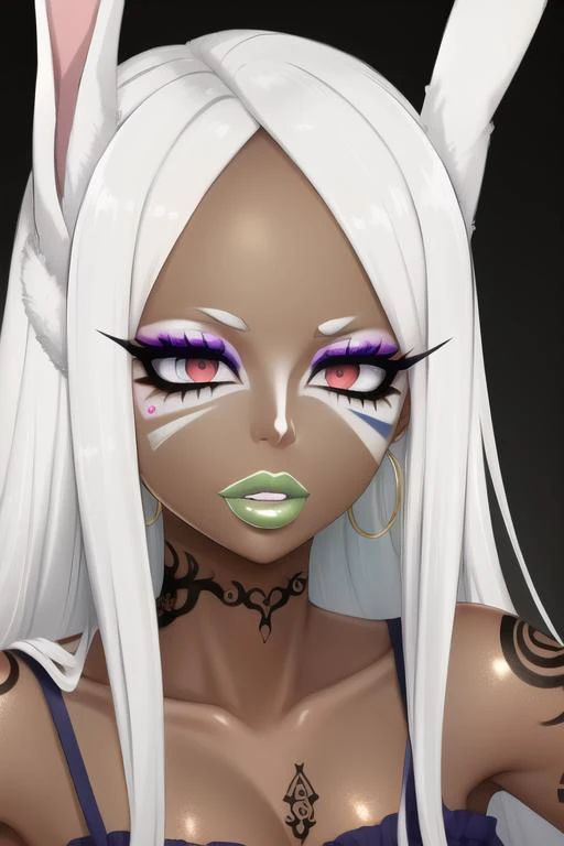 masterpiece, high res, 4k, best quality, beautiful face, detailed face, ultra-detailed, ((face shot)) 1girl, solo, long hair, black background, neon glow, emerald green gradient hair, purple highlights, hoop earrings, dark-skinned female, tattoo, colored skin, BREAK, (yamanba, white facepaint makeup:1.3), face stickers, large green lips, parted lips, eyeshadow, very dark skin, makeup,(metallic glitter) jewelry, white face tattoo, large intricate hair accessories, brown skin, <lora:MirkoMHA-v1-1:1> mirkomha, rabbit ears, red eyes, white hair, very long hair, fur collar, dark skin, dark-skinned female <lora:retromanba:.6> <lora:Kuroko:.25> <lora:fakelips_1:1> lip filler <lora:ColoredLipstick:.7> gold lips, <lora:Dmitrys:.5>