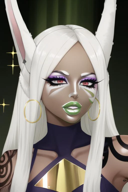 masterpiece, high res, 4k, best quality, beautiful face, detailed face, ultra-detailed, ((face shot)) 1girl, solo, long hair, black background, neon glow, emerald green gradient hair, purple highlights, hoop earrings, dark-skinned female, tattoo, colored skin, BREAK, (yamanba, white facepaint makeup:1.3), face stickers, large green lips, parted lips, eyeshadow, very dark skin, makeup,(metallic glitter) jewelry, white face tattoo, large intricate hair accessories, brown skin, <lora:MirkoMHA-v1-1:1> mirkomha, rabbit ears, red eyes, white hair, very long hair, fur collar, dark skin, dark-skinned female <lora:retromanba:.6> <lora:Kuroko:.25> <lora:fakelips_1:1> lip filler <lora:ColoredLipstick:1> green lips, <lora:Dmitrys:1>