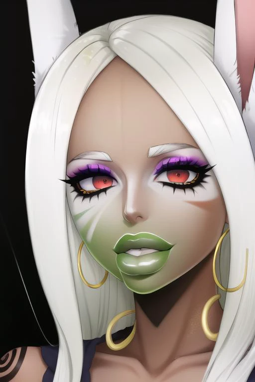 masterpiece, high res, 4k, best quality, beautiful face, detailed face, ultra-detailed, ((face shot)) 1girl, solo, long hair, black background, neon glow, emerald green gradient hair, purple highlights, hoop earrings, dark-skinned female, tattoo, colored skin, BREAK, (yamanba, white facepaint makeup:1.3), face stickers, large green lips, parted lips, eyeshadow, very dark skin, makeup,(metallic glitter) jewelry, white face tattoo, large intricate hair accessories, brown skin, <lora:MirkoMHA-v1-1:1> mirkomha, rabbit ears, red eyes, white hair, very long hair,  fur collar, dark skin, dark-skinned female <lora:retromanba:.6> <lora:Kuroko:.25> <lora:fakelips_1:1> lip filler  <lora:ColoredLipstick:1> green lips, <lora:Dmitrys:1>