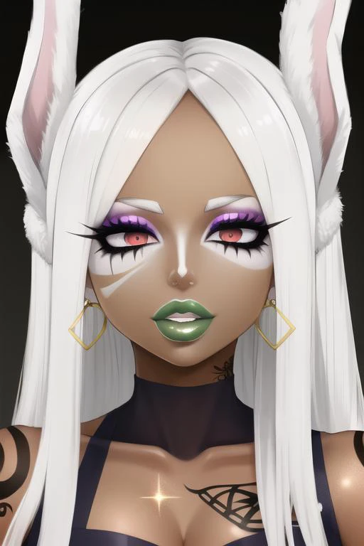 masterpiece, high res, 4k, best quality, beautiful face, detailed face, ultra-detailed, ((face shot)) 1girl, solo, long hair, black background, neon glow, emerald green gradient hair, purple highlights, hoop earrings, dark-skinned female, tattoo, colored skin, BREAK, (yamanba, white facepaint makeup:1.3), face stickers, large green lips, parted lips, eyeshadow, very dark skin, makeup,(metallic glitter) jewelry, white face tattoo, large intricate hair accessories, brown skin, <lora:MirkoMHA-v1-1:1> mirkomha, rabbit ears, red eyes, white hair, very long hair, fur collar, dark skin, dark-skinned female <lora:retromanba:.6> <lora:Kuroko:.25> <lora:fakelips_1:1> lip filler <lora:ColoredLipstick:.7> gold lips, <lora:Dmitrys:.5>