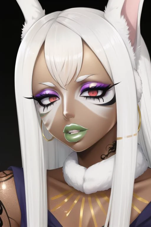 masterpiece, high res, 4k, best quality, beautiful face, detailed face, ultra-detailed, ((face shot)) 1girl, solo, long hair, black background, neon glow, emerald green gradient hair, purple highlights, hoop earrings, dark-skinned female, tattoo, colored skin, BREAK, (yamanba, white facepaint makeup:1.3), face stickers, large green lips, parted lips, eyeshadow, very dark skin, makeup,(metallic glitter) jewelry, white face tattoo, large intricate hair accessories, brown skin, <lora:MirkoMHA-v1-1:1> mirkomha, rabbit ears, red eyes, white hair, very long hair, fur collar, dark skin, dark-skinned female <lora:retromanba:.6> <lora:Kuroko:.25> <lora:fakelips_1:1> lip filler <lora:ColoredLipstick:.7> gold lips, <lora:Dmitrys:.5>