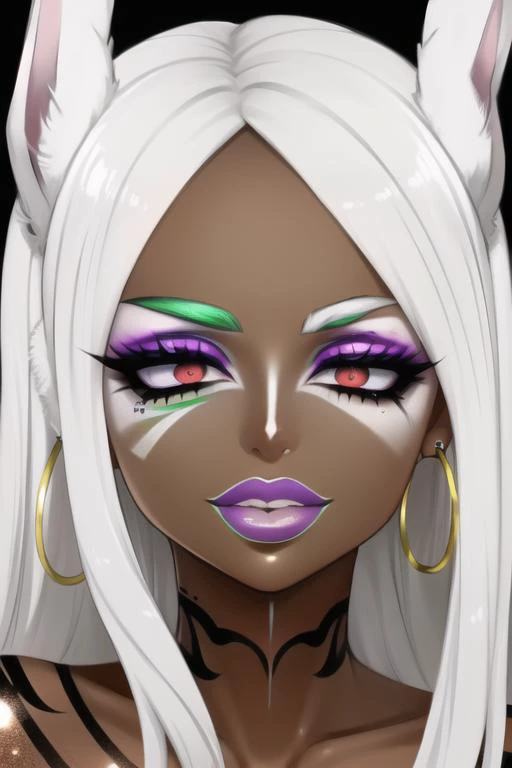 masterpiece, high res, 4k, best quality, beautiful face, detailed face, ultra-detailed, ((face shot)) 1girl, solo, long hair, black background, neon glow, emerald green gradient hair, purple highlights, hoop earrings, dark-skinned female, tattoo, colored skin, BREAK, (yamanba, white facepaint makeup:1.3), face stickers, large green lips, parted lips, eyeshadow, very dark skin, makeup,(metallic glitter) jewelry, white face tattoo, large intricate hair accessories, brown skin, <lora:MirkoMHA-v1-1:1> mirkomha, rabbit ears, red eyes, white hair, very long hair, fur collar, dark skin, dark-skinned female <lora:retromanba:.6> <lora:Kuroko:.25> <lora:fakelips_1:1> lip filler <lora:Dmitrys:.5>