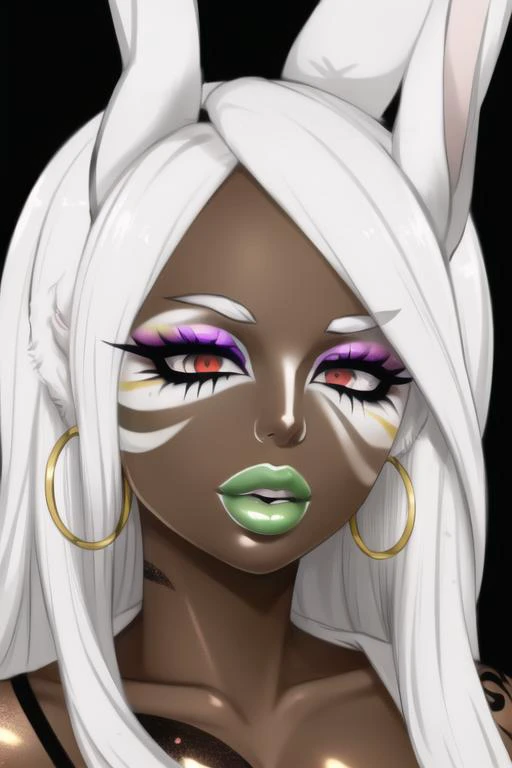 masterpiece, high res, 4k, best quality, beautiful face, detailed face, ultra-detailed, ((face shot)) 1girl, solo, long hair, black background, neon glow, emerald green gradient hair, purple highlights, hoop earrings, dark-skinned female, tattoo, colored skin, BREAK, (yamanba, white facepaint makeup:1.3), face stickers, large green lips, parted lips, eyeshadow, very dark skin, makeup,(metallic glitter) jewelry, white face tattoo, large intricate hair accessories, brown skin, <lora:MirkoMHA-v1-1:1> mirkomha, rabbit ears, red eyes, white hair, very long hair, fur collar, dark skin, dark-skinned female <lora:retromanba:.6> <lora:Kuroko:.25> <lora:fakelips_1:1> lip filler <lora:Dmitrys:1>