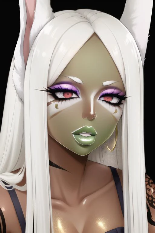 masterpiece, high res, 4k, best quality, beautiful face, detailed face, ultra-detailed, ((face shot)) 1girl, solo, long hair, black background, neon glow, emerald green gradient hair, purple highlights, hoop earrings, dark-skinned female, tattoo, colored skin, BREAK, (yamanba, white facepaint makeup:1.3), face stickers, large green lips, parted lips, eyeshadow, very dark skin, makeup,(metallic glitter) jewelry, white face tattoo, large intricate hair accessories, brown skin, <lora:MirkoMHA-v1-1:1> mirkomha, rabbit ears, red eyes, white hair, very long hair, fur collar, dark skin, dark-skinned female <lora:retromanba:.6> <lora:Kuroko:.25> <lora:fakelips_1:1> lip filler <lora:ColoredLipstick:.7> gold lips, <lora:Dmitrys:.5>