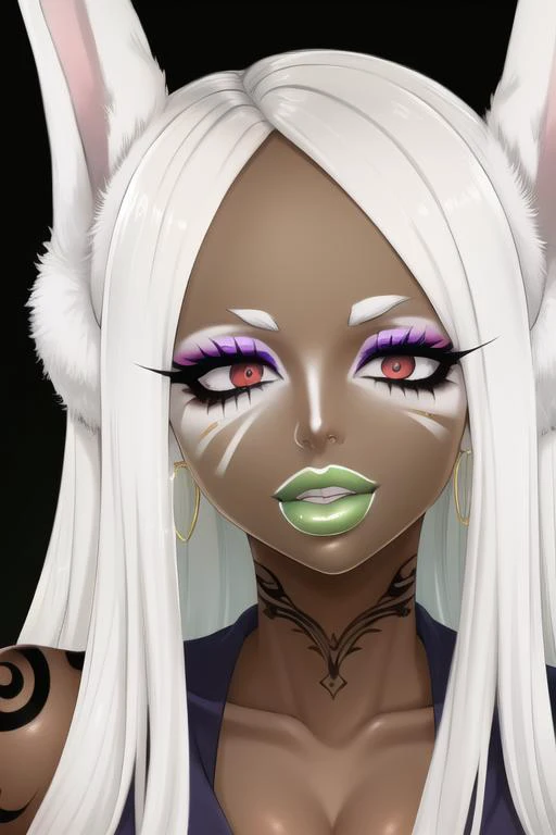 masterpiece, high res, 4k, best quality, beautiful face, detailed face, ultra-detailed, ((face shot)) 1girl, solo, long hair, black background, neon glow, emerald green gradient hair, purple highlights, hoop earrings, dark-skinned female, tattoo, colored skin, BREAK, (yamanba, white facepaint makeup:1.3), face stickers, large green lips, parted lips, eyeshadow, very dark skin, makeup,(metallic glitter) jewelry, white face tattoo, large intricate hair accessories, brown skin, <lora:MirkoMHA-v1-1:1> mirkomha, rabbit ears, red eyes, white hair, very long hair, fur collar, dark skin, dark-skinned female <lora:retromanba:.6> <lora:Kuroko:.25> <lora:fakelips_1:1> lip filler <lora:ColoredLipstick:.7> gold lips, <lora:Dmitrys:.5>