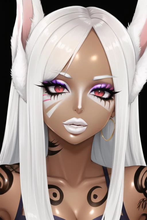 masterpiece, high res, 4k, best quality, beautiful face, detailed face, ultra-detailed, ((face shot)) 1girl, solo, long hair, black background, neon glow, emerald green gradient hair, purple highlights, hoop earrings, dark-skinned female, tattoo, colored skin, BREAK, (yamanba, white facepaint makeup:1.3), face stickers, large gold lips, parted lips, eyeshadow, very dark skin, makeup,(metallic glitter) jewelry, white face tattoo, large intricate hair accessories, brown skin, <lora:MirkoMHA-v1-1:1> mirkomha, rabbit ears, red eyes, white hair, very long hair, fur collar, dark skin, dark-skinned female <lora:retromanba:.6> <lora:Kuroko:.25> <lora:fakelips_1:1> lip filler <lora:ColoredLipstick:.7> gold lips, <lora:Dmitrys:.5>