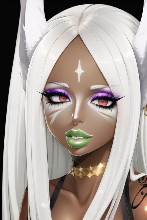 masterpiece, high res, 4k, best quality, beautiful face, detailed face, ultra-detailed, ((face shot)) 1girl, solo, long hair, black background, neon glow, emerald green gradient hair, purple highlights, hoop earrings, dark-skinned female, tattoo, colored skin, BREAK, (yamanba, white facepaint makeup:1.3), face stickers, large green lips, parted lips, eyeshadow, very dark skin, makeup,(metallic glitter) jewelry, white face tattoo, large intricate hair accessories, brown skin, <lora:MirkoMHA-v1-1:1> mirkomha, rabbit ears, red eyes, white hair, very long hair, fur collar, dark skin, dark-skinned female <lora:retromanba:.6> <lora:Kuroko:.25> <lora:fakelips_1:1> lip filler <lora:ColoredLipstick:.7> gold lips, <lora:Dmitrys:.5>