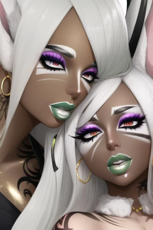 masterpiece, high res, 4k, best quality, beautiful face, detailed face, ultra-detailed, ((face shot)) 1girl, solo, long hair, black background, neon glow, emerald green gradient hair, purple highlights, hoop earrings, dark-skinned female, tattoo, colored skin, BREAK, (yamanba, white facepaint makeup:1.3), face stickers, large green lips, parted lips, eyeshadow, very dark skin, makeup,(metallic glitter) jewelry, white face tattoo, large intricate hair accessories, brown skin, <lora:MirkoMHA-v1-1:1> mirkomha, rabbit ears, red eyes, white hair, very long hair, fur collar, dark skin, dark-skinned female <lora:retromanba:.6> <lora:Kuroko:.25> <lora:fakelips_1:1> lip filler <lora:Dmitrys:1>