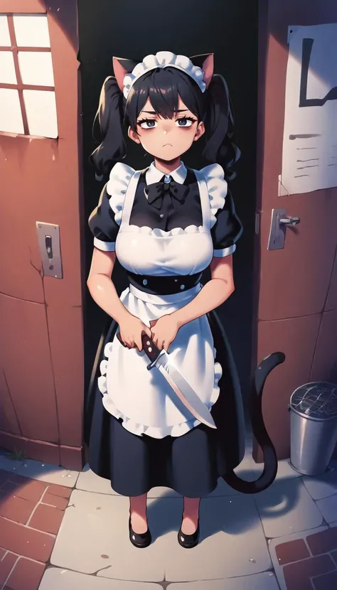score_9, score_8_up, score_7_up, score_6_up, score_5_up, source_anime, 1girl, solo, twintails, black hair, black eyes, slight frown, bags under eyes, tired eyes, cat ears, tail, maid, full body, holding knife, looking at viewer, pov, dark alley way, night, shadow, low light, midnight, <lora:PressmarkStyleV1_PonyXL:1>